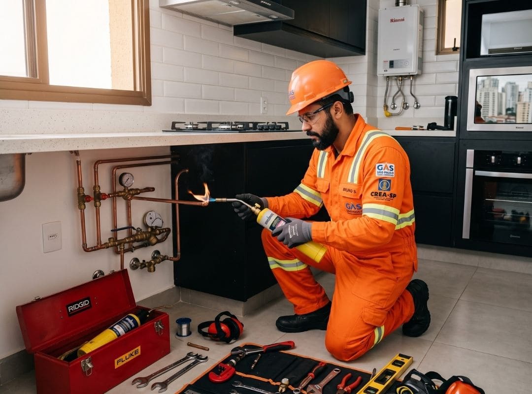 Gasista certificado instalando gás encanado em apartamento em São Paulo