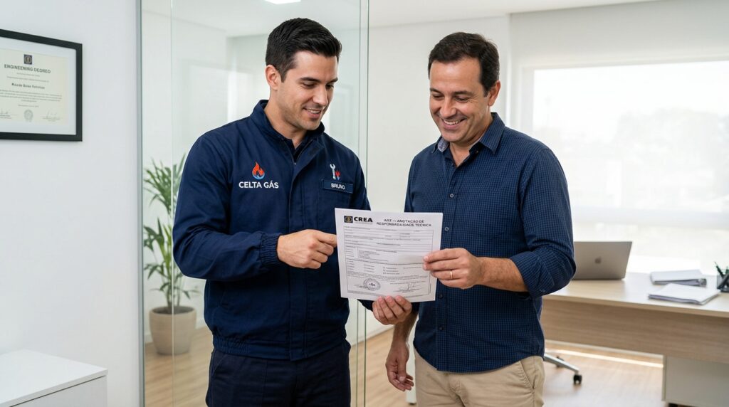 Técnico da Celta Gás apresentando documento de ART (Anotação de Responsabilidade Técnica) para proprietário de imóvel após serviço de instalação de gás.