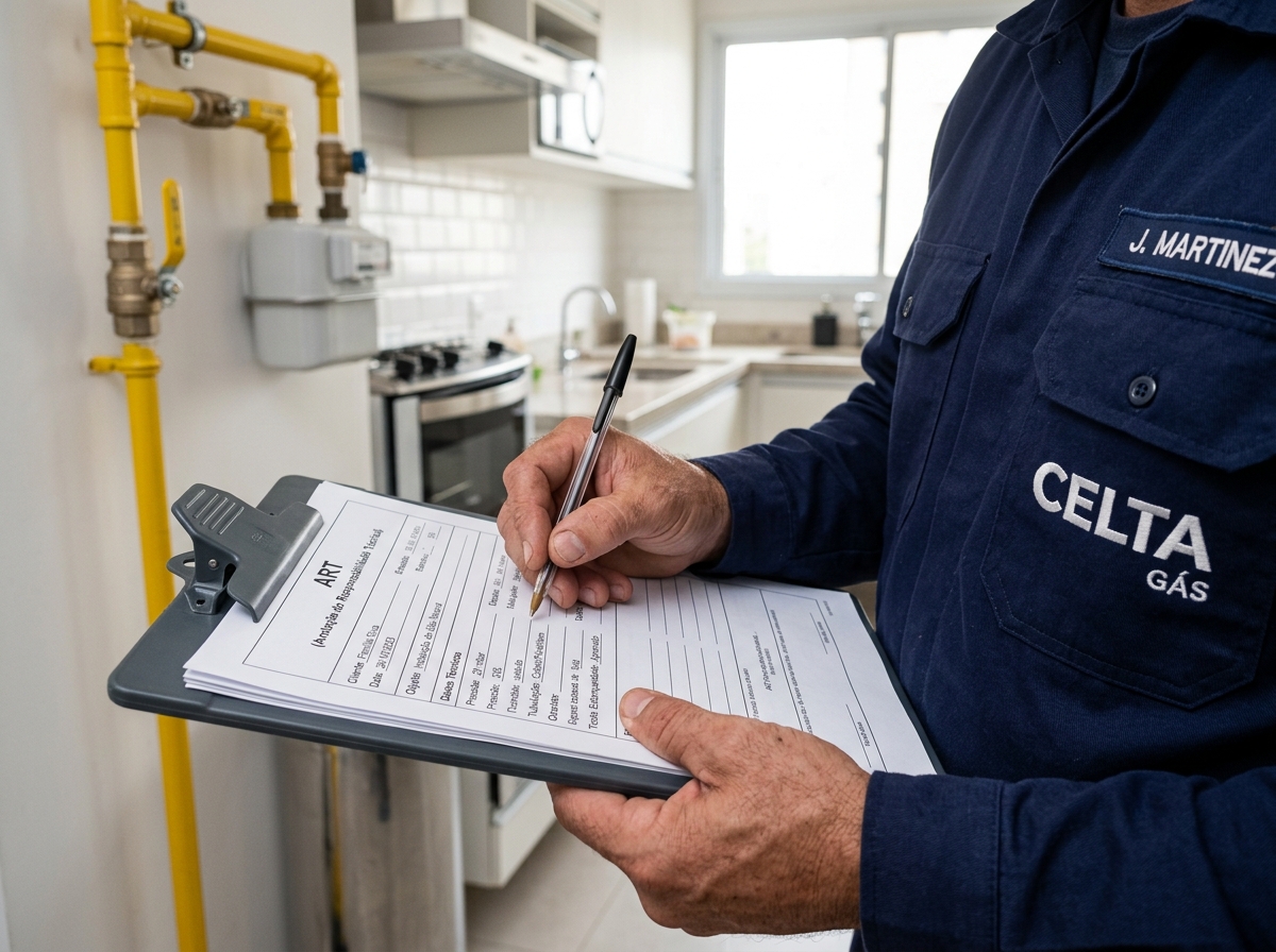 Técnico da Celta Gás entregando documento de ART para proprietário de imóvel em cozinha residencial após serviço de instalação de gás.