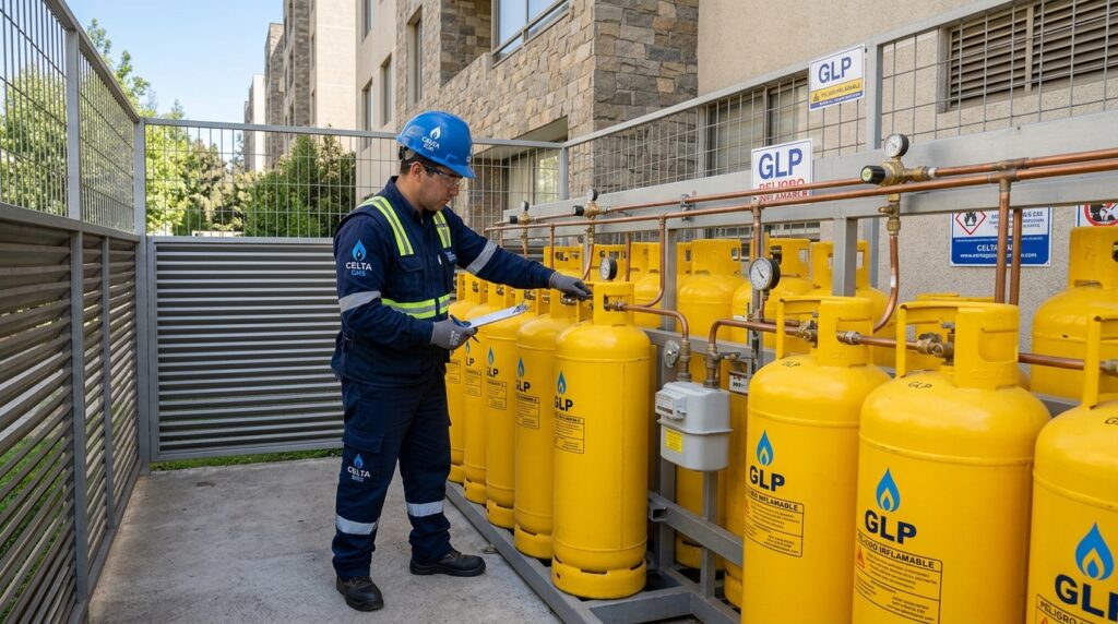 Técnico da Celta Gás inspecionando central de GLP em condomínio residencial, verificando válvulas e tubulação de gás para conformidade com normas de segurança contra incêndio.