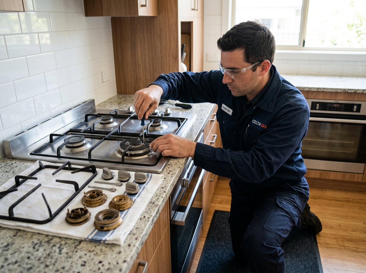 Técnico da Celta Gás realizando manutenção e limpeza de queimadores de fogão a gás em cozinha residencial, com chave de fenda e ferramentas de ajuste sobre bancada.