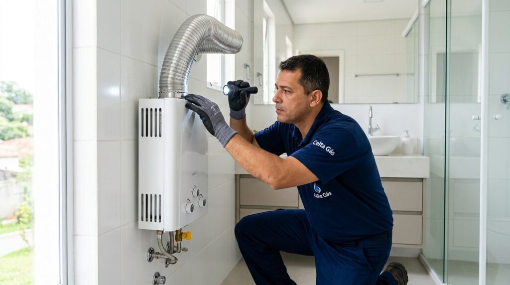 Técnico da Celta Gás inspecionando duto de exaustão de aquecedor a gás instalado em banheiro com lanterna durante revisão de manutenção.