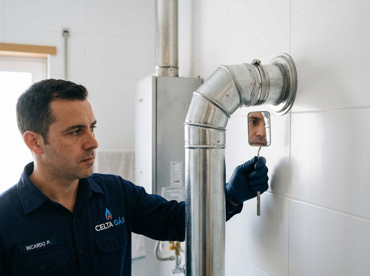 Técnico da Celta Gás inspecionando duto de exaustão e conexões de aquecedor a gás instalado em banheiro residencial durante revisão de manutenção anual.