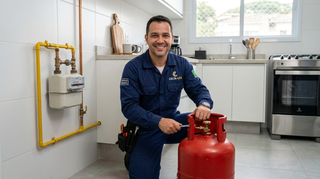 Técnico da Celta Gás em cozinha residencial com medidor de gás natural na parede e botijão GLP vermelho no chão, comparando os dois tipos de gás.
