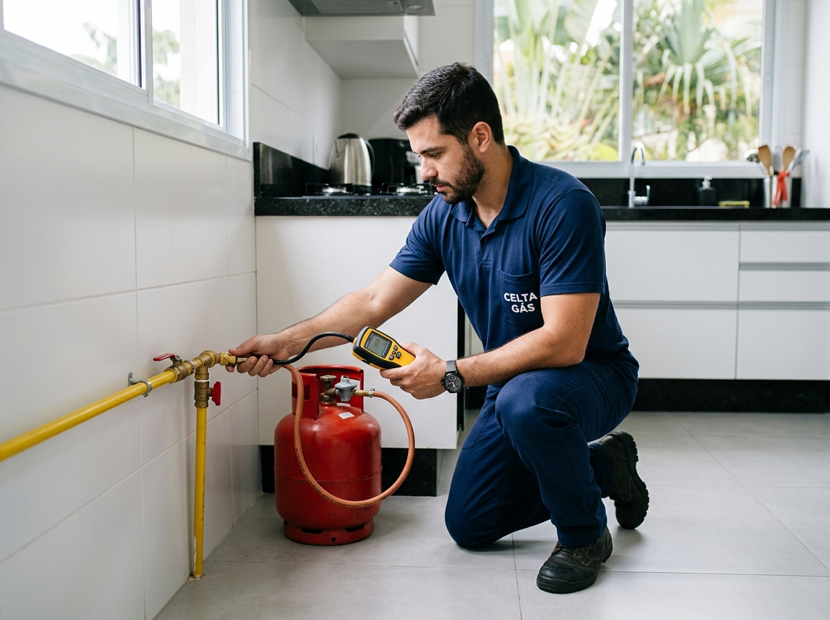 Técnico da Celta Gás uniformizado comparando instalações de gás natural encanado e GLP em cozinha residencial, mostrando medidor e botijão de gás lado a lado.