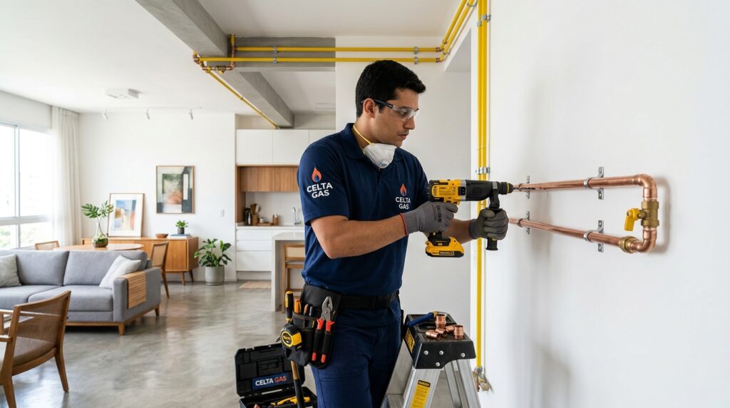 Técnico da Celta Gás instalando tubulação de gás aparente em apartamento residencial moderno, fixando tubo de cobre na parede com abraçadeiras durante instalação de novo ponto de gás.