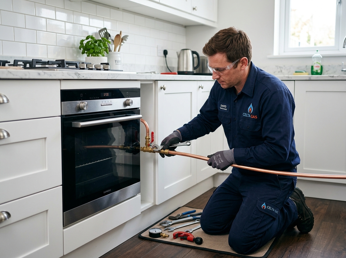 Técnico da Celta Gás instalando tubulação de gás aparente em apartamento residencial, fixando tubo de cobre na parede com abraçadeiras durante instalação de novo ponto de gás.