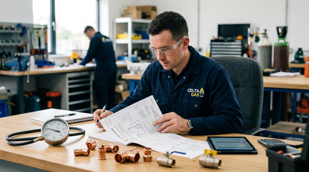 Técnico da Celta Gás preenchendo laudo técnico em prancheta após realização de inspeção em instalação de gás residencial com manômetro e conexões visíveis.