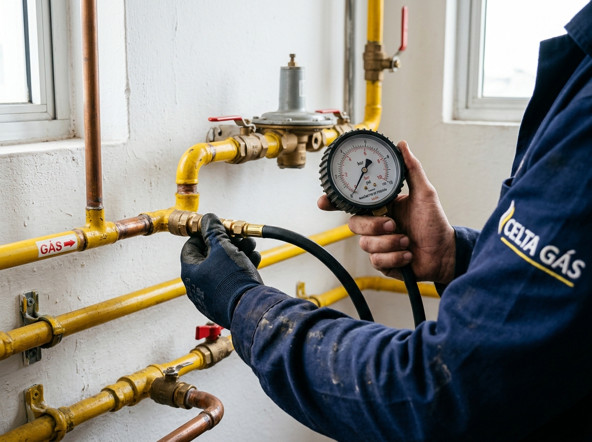 Técnico da Celta Gás utilizando manômetro para realizar teste de estanqueidade em tubulação de gás residencial após nova instalação.