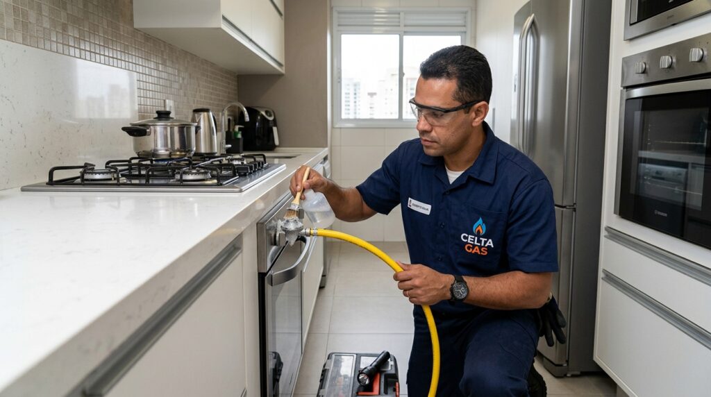 Técnico da Celta Gás verificando conexão de mangueira de gás com solução de água e sabão em cozinha residencial para detectar vazamento.