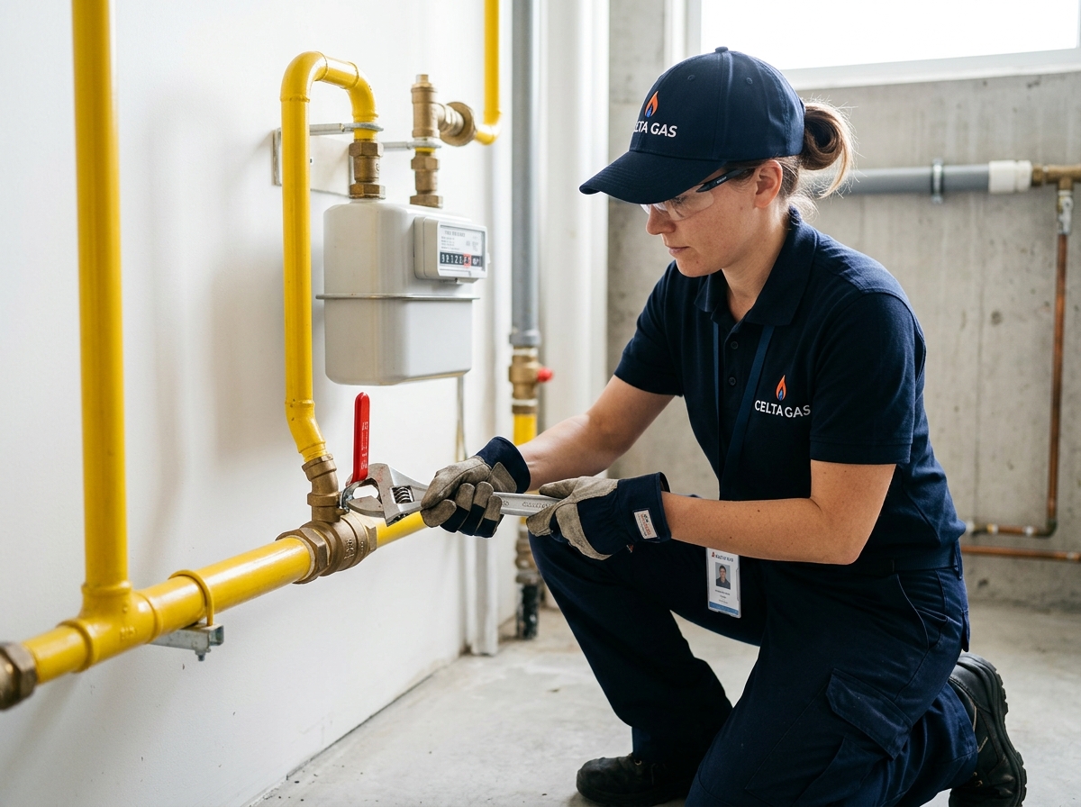 Técnico da Celta Gás uniformizado verificando conexões e registro de gás em uma cozinha residencial durante inspeção de vazamento.