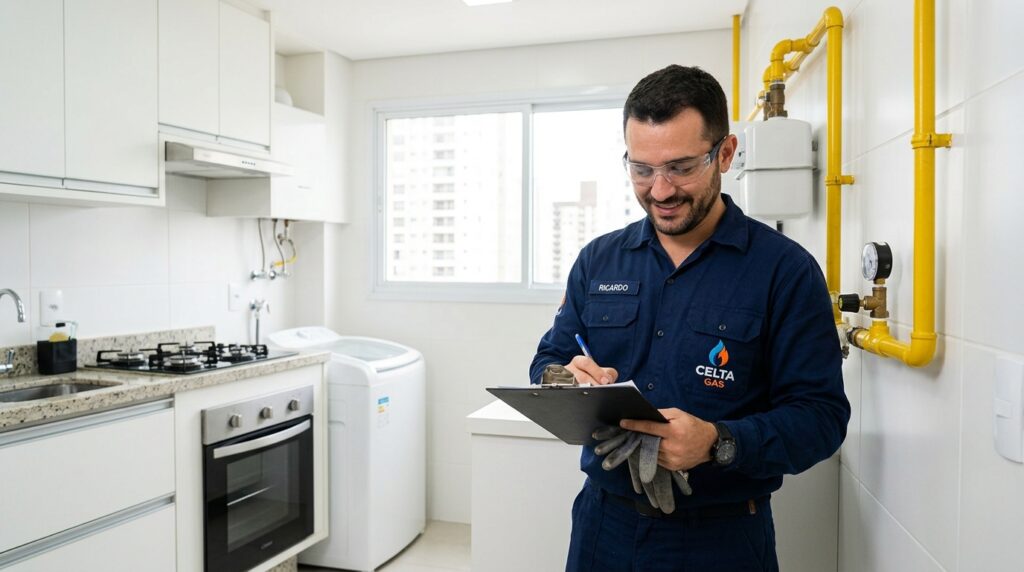 Técnico da Celta Gás com prancheta realizando vistoria de instalação de gás em apartamento, verificando tubulação e anotando pontos de inspeção para laudo técnico.