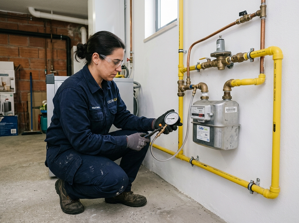 Técnico da Celta Gás realizando vistoria de instalação de gás em apartamento residencial, verificando conexões e tubulação amarela antes de emissão de laudo técnico.